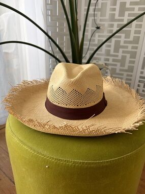 Straw Fedora Sun Hat with Brown Band - Natural